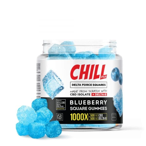 Chill Plus Delta 8 Square Gummies - Blueberry - 1000X 10mg 50 Count